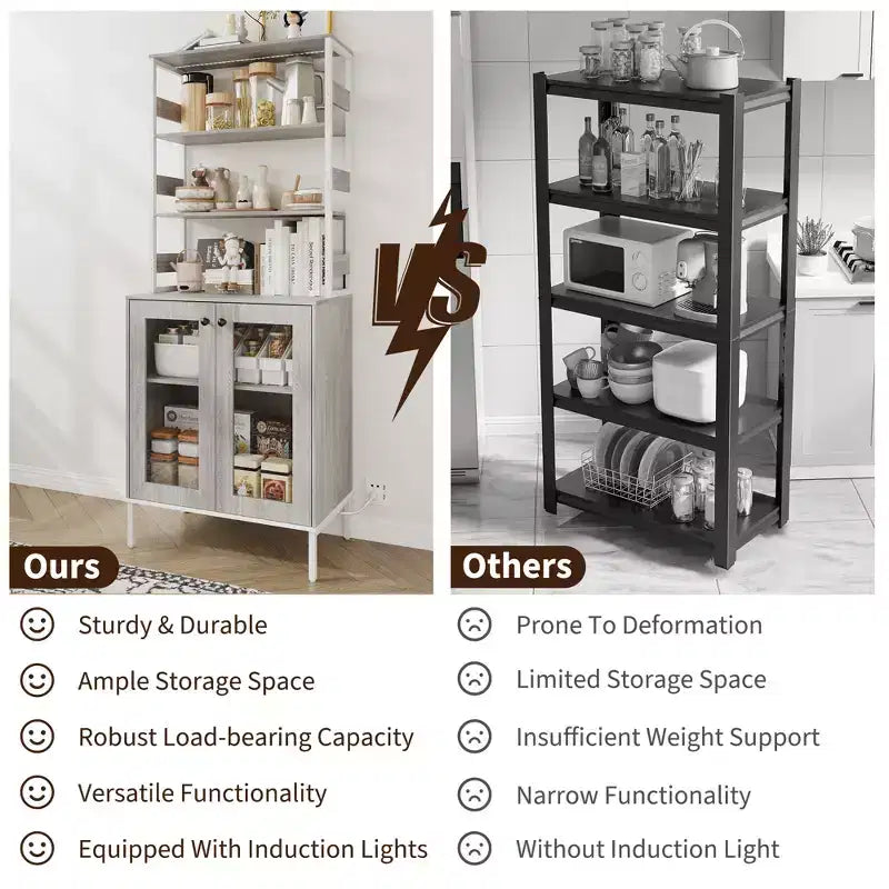 Acekool Étagère de Cuisine 170 cm avec Prise Électrique, Meuble de Rangement de Garde-Manger avec Lumières LED, Chariot de Bar avec Porte en Verre pour Salle à Manger, Salon