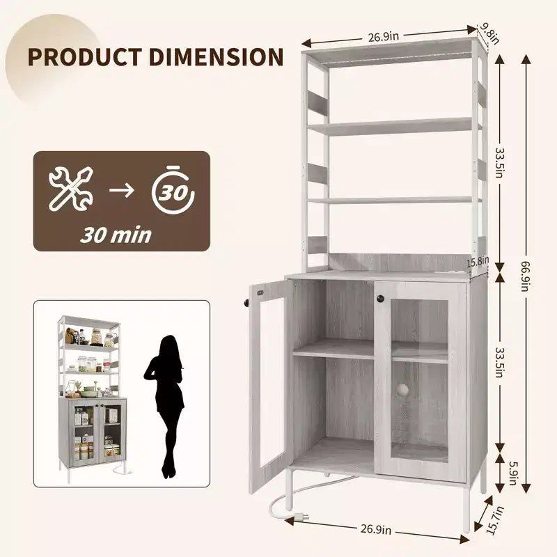 Acekool Étagère de Cuisine 170 cm avec Prise Électrique, Meuble de Rangement de Garde-Manger avec Lumières LED, Chariot de Bar avec Porte en Verre pour Salle à Manger, Salon