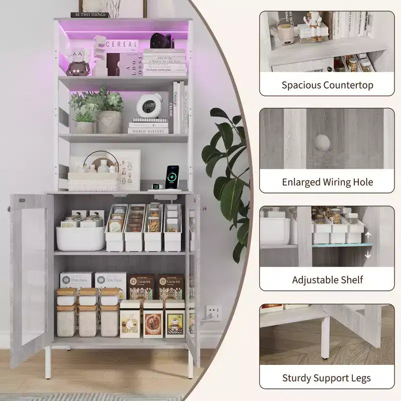 Acekool Étagère de Cuisine 170 cm avec Prise Électrique, Meuble de Rangement de Garde-Manger avec Lumières LED, Chariot de Bar avec Porte en Verre pour Salle à Manger, Salon