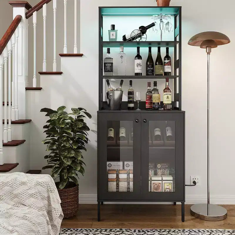 Acekool Étagère de Cuisine 170 cm avec Prise Électrique, Meuble de Rangement de Garde-Manger avec Lumières LED, Chariot de Bar avec Porte en Verre pour Salle à Manger, Salon