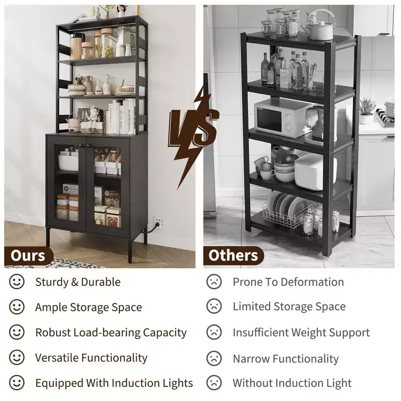 Acekool Étagère de Cuisine 170 cm avec Prise Électrique, Meuble de Rangement de Garde-Manger avec Lumières LED, Chariot de Bar avec Porte en Verre pour Salle à Manger, Salon
