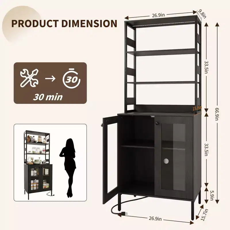 Acekool Étagère de Cuisine 170 cm avec Prise Électrique, Meuble de Rangement de Garde-Manger avec Lumières LED, Chariot de Bar avec Porte en Verre pour Salle à Manger, Salon