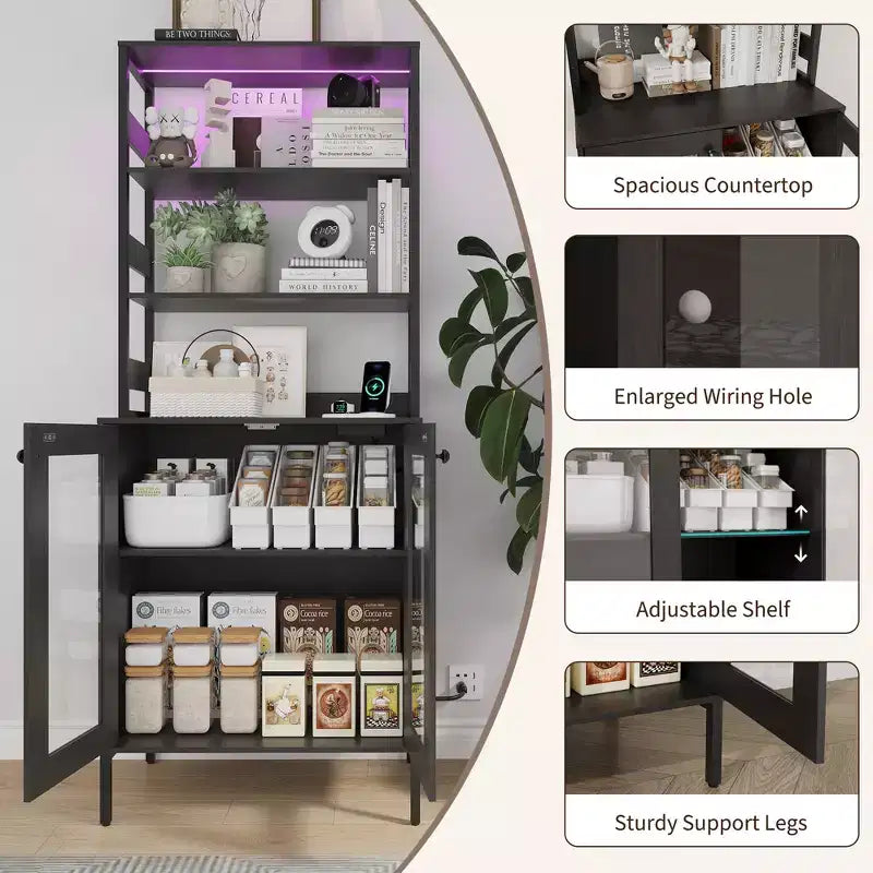 Acekool Étagère de Cuisine 170 cm avec Prise Électrique, Meuble de Rangement de Garde-Manger avec Lumières LED, Chariot de Bar avec Porte en Verre pour Salle à Manger, Salon