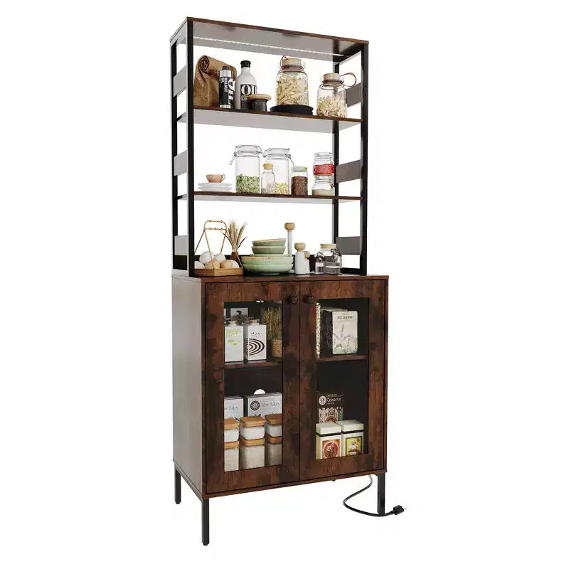 Acekool Étagère de Cuisine 170 cm avec Prise Électrique, Meuble de Rangement de Garde-Manger avec Lumières LED, Chariot de Bar avec Porte en Verre pour Salle à Manger, Salon