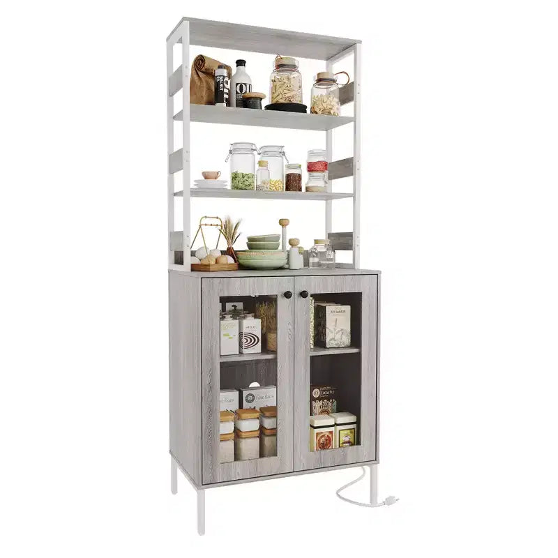 Acekool Étagère de Cuisine 170 cm avec Prise Électrique, Meuble de Rangement de Garde-Manger avec Lumières LED, Chariot de Bar avec Porte en Verre pour Salle à Manger, Salon