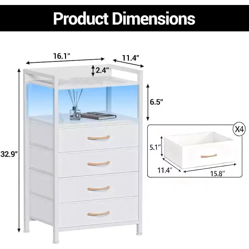 Commode en Tissu avec 4 Tiroirs de Rangement et Cadre en Acier Robuste, Coiffeuse avec Étagère de Rangement Ouverte, Table de Chevet pour la Maison ou le Bureau