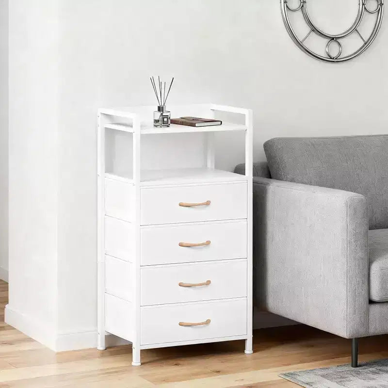 Commode en Tissu avec 4 Tiroirs de Rangement et Cadre en Acier Robuste, Coiffeuse avec Étagère de Rangement Ouverte, Table de Chevet pour la Maison ou le Bureau