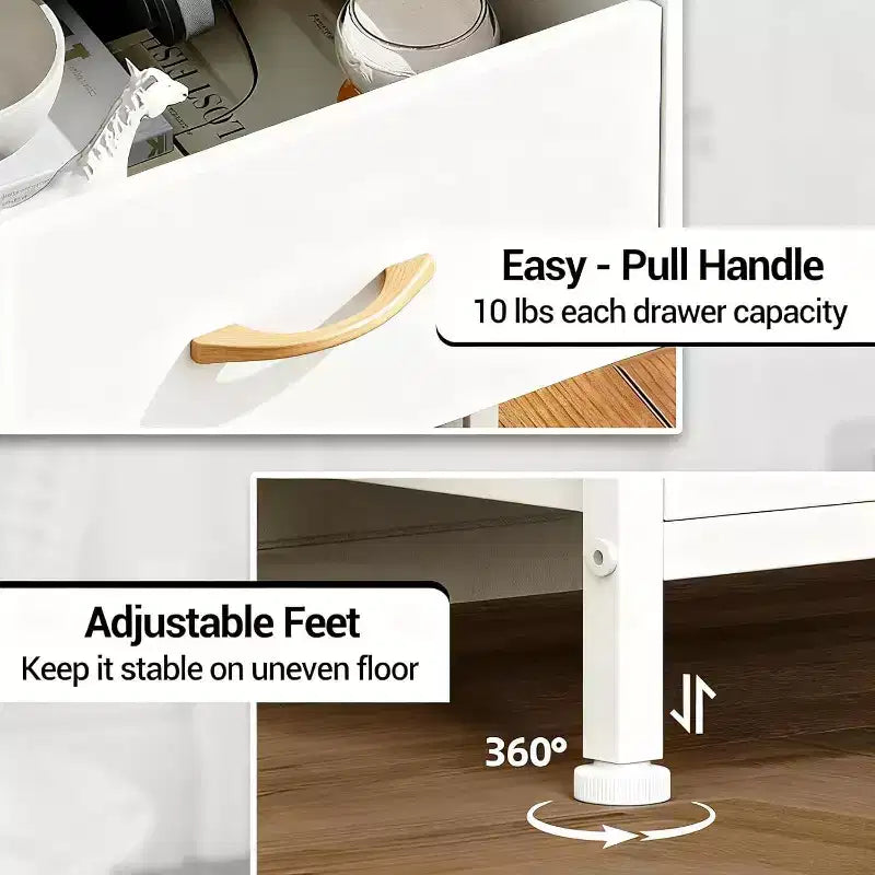 Commode en Tissu avec 4 Tiroirs de Rangement et Cadre en Acier Robuste, Coiffeuse avec Étagère de Rangement Ouverte, Table de Chevet pour la Maison ou le Bureau