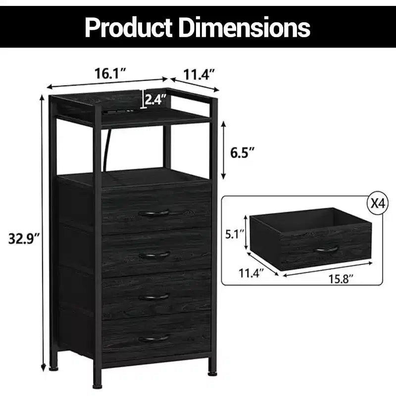 Commode en Tissu avec 4 Tiroirs de Rangement et Cadre en Acier Robuste, Coiffeuse avec Étagère de Rangement Ouverte, Table de Chevet pour la Maison ou le Bureau