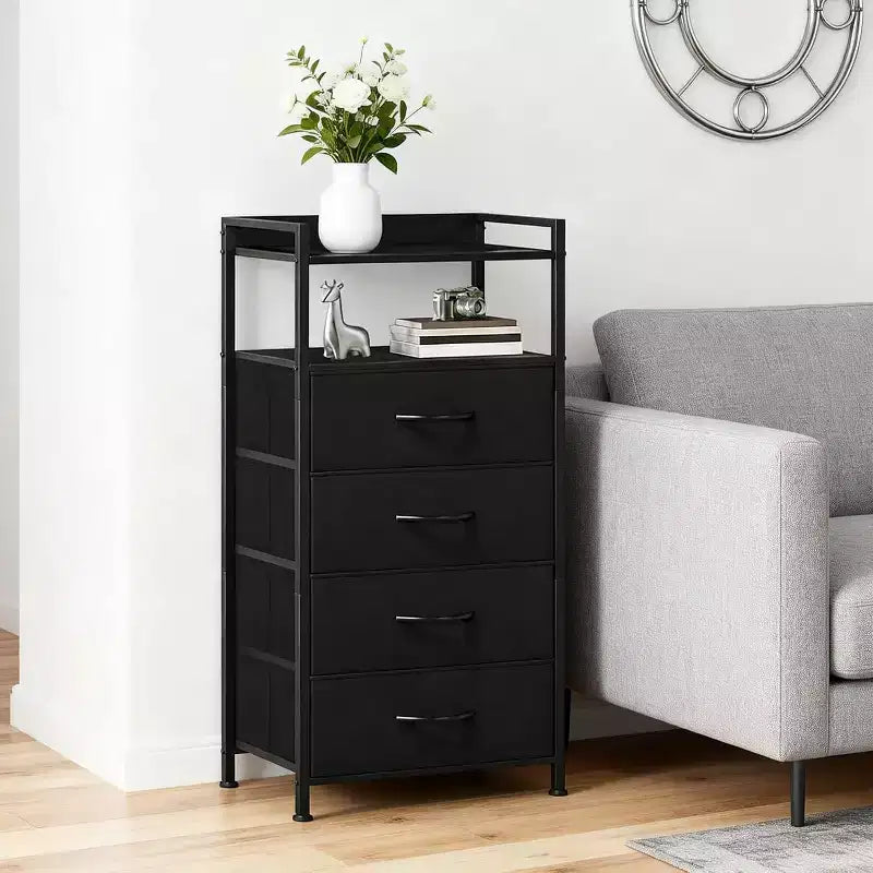 Commode en Tissu avec 4 Tiroirs de Rangement et Cadre en Acier Robuste, Coiffeuse avec Étagère de Rangement Ouverte, Table de Chevet pour la Maison ou le Bureau