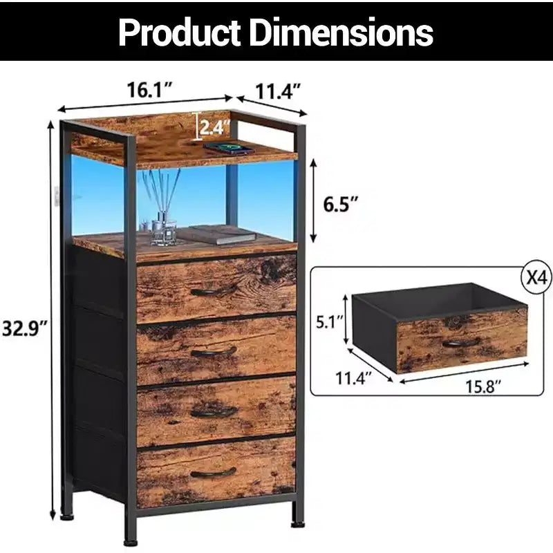 Commode en Tissu avec 4 Tiroirs de Rangement et Cadre en Acier Robuste, Coiffeuse avec Étagère de Rangement Ouverte, Table de Chevet pour la Maison ou le Bureau