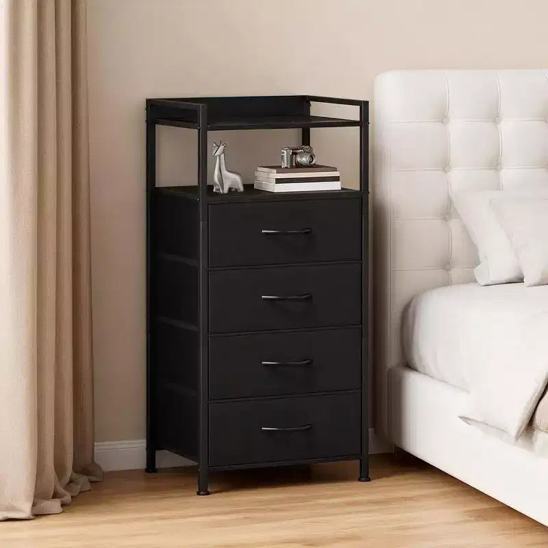 Fabric Chest of Drawers Bedroom 4 Drawers Storage Unit with Sturdy Steel Frame, Dresser Drawers with Open Storage Shelf Nightstand for Home, Office