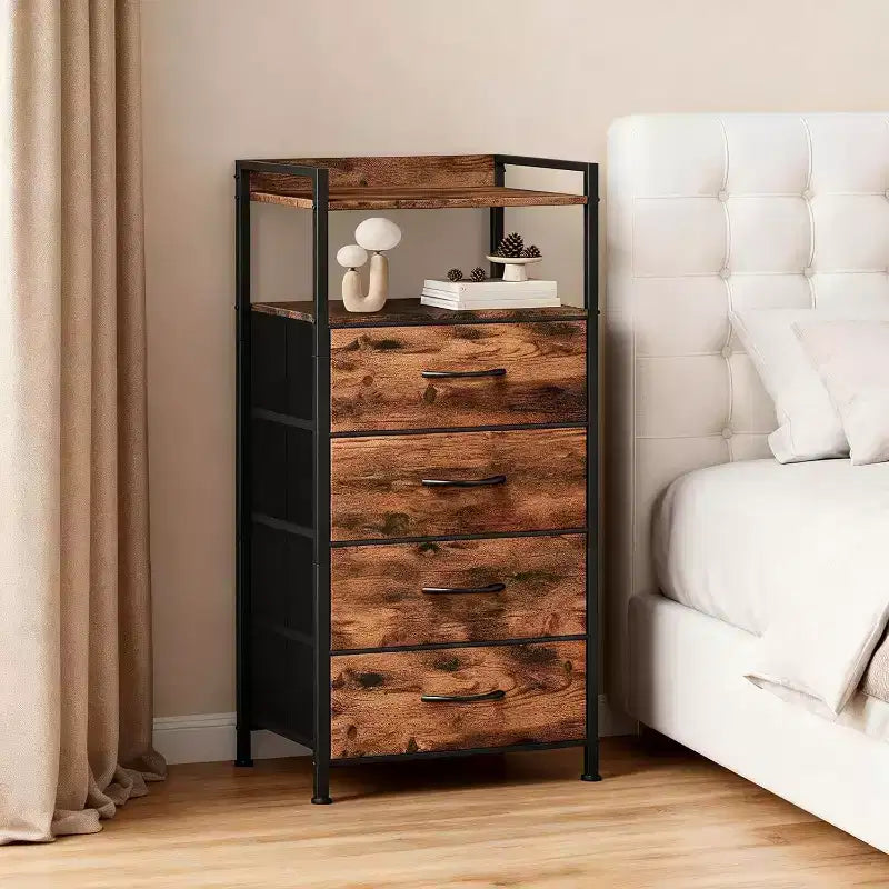 Commode en Tissu avec 4 Tiroirs de Rangement et Cadre en Acier Robuste, Coiffeuse avec Étagère de Rangement Ouverte, Table de Chevet pour la Maison ou le Bureau