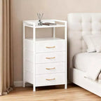 Commode en Tissu avec 4 Tiroirs de Rangement et Cadre en Acier Robuste, Coiffeuse avec Étagère de Rangement Ouverte, Table de Chevet pour la Maison ou le Bureau