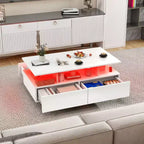Table basse LED avec rangement 4 tiroirs, tables basses modernes haute brillance pour salon, petite table basse avec étagère de présentation ouverte, blanche