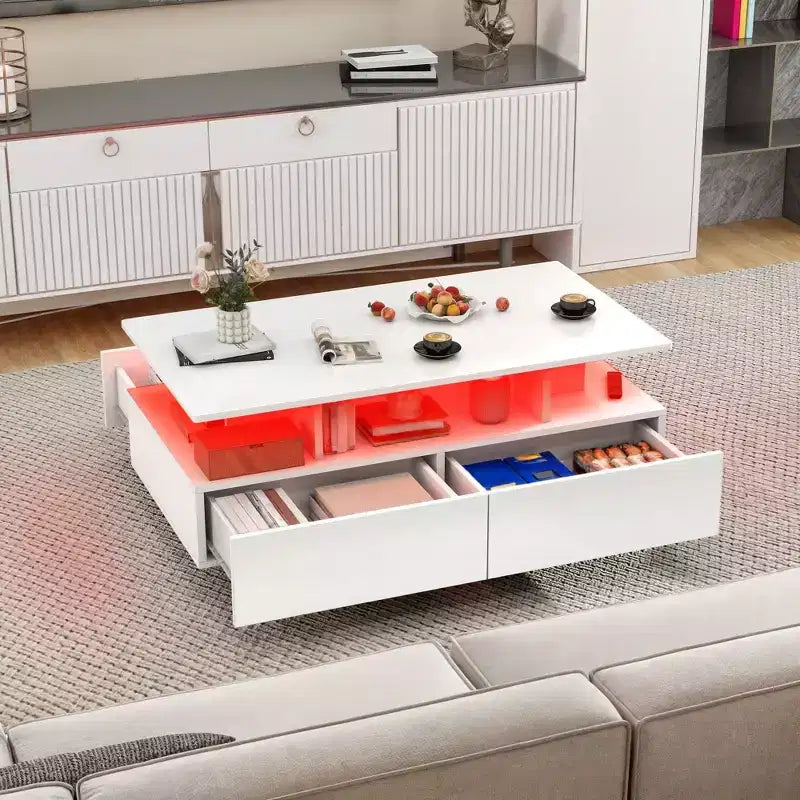 Table basse LED avec rangement 4 tiroirs, tables basses modernes haute brillance pour salon, petite table basse avec étagère de présentation ouverte, blanche