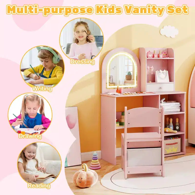 Costway Coiffeuse pour enfant Kit de maquillage pour fille avec miroir lumineux LED 3 couleurs rose