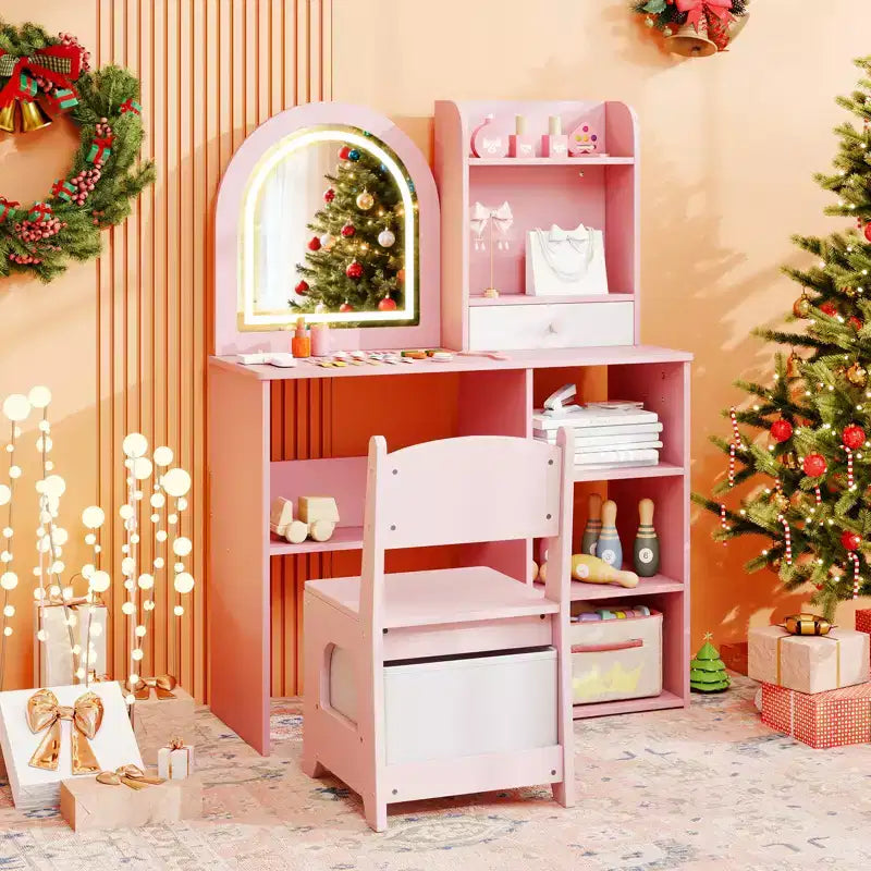 Costway Coiffeuse pour enfant Kit de maquillage pour fille avec miroir lumineux LED 3 couleurs rose