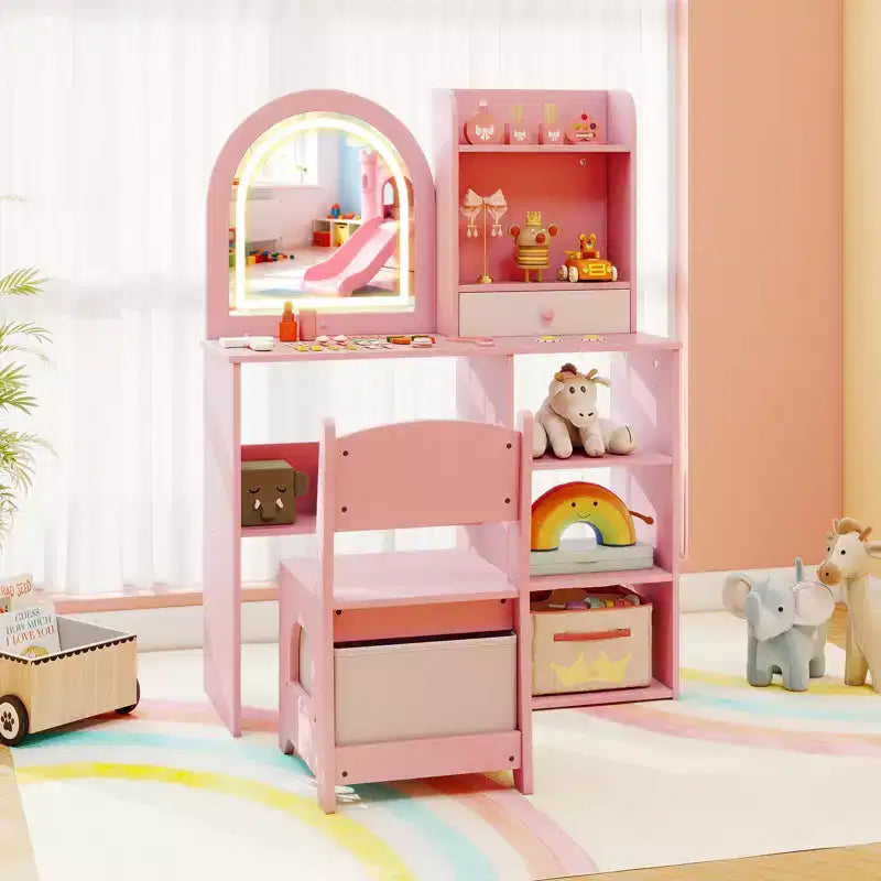 Costway Coiffeuse pour enfant Kit de maquillage pour fille avec miroir lumineux LED 3 couleurs rose