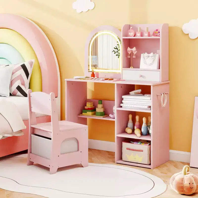 Costway Coiffeuse pour enfant Kit de maquillage pour fille avec miroir lumineux LED 3 couleurs rose