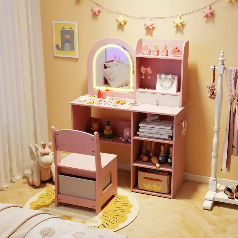 Costway Coiffeuse pour enfant Kit de maquillage pour fille avec miroir lumineux LED 3 couleurs rose