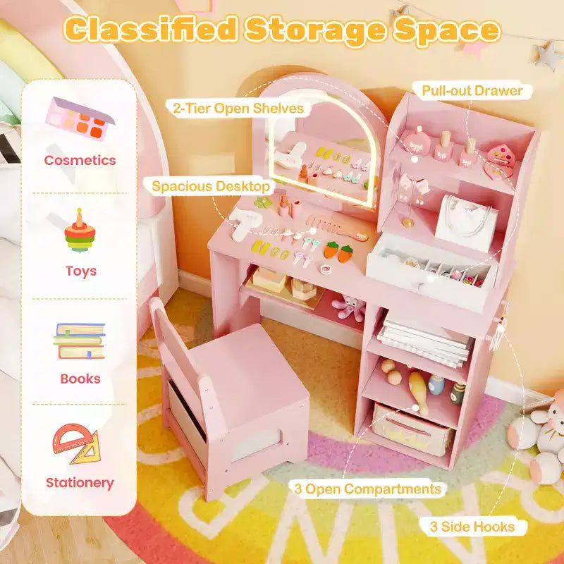 Costway Coiffeuse pour enfant Kit de maquillage pour fille avec miroir lumineux LED 3 couleurs rose