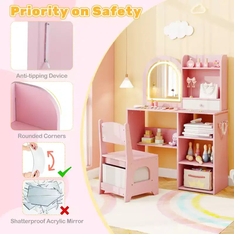 Costway Coiffeuse pour enfant Kit de maquillage pour fille avec miroir lumineux LED 3 couleurs rose