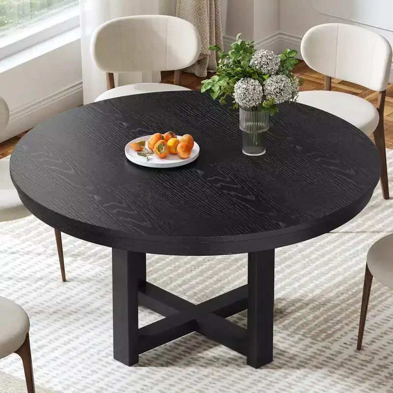 PexFix Table de salle à manger en bois massif de style campagnard, plateau rond aspect bois avec base en croix pour salles à manger modernes et réunions de famille