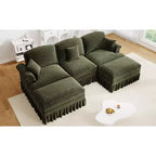 MooxvMoo Canapé d'angle en chenille 107 po de style Mid-century avec ourlet à volants amovible, canapé en U avec coussins décoratifs et 2 poufs, vert