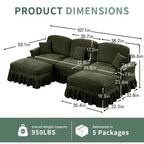 MooxvMoo Canapé d'angle en chenille 107 po de style Mid-century avec ourlet à volants amovible, canapé en U avec coussins décoratifs et 2 poufs, vert