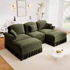 MooxvMoo Canapé d'angle en chenille 107 po de style Mid-century avec ourlet à volants amovible, canapé en U avec coussins décoratifs et 2 poufs, vert