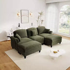 MooxvMoo Canapé d'angle en chenille 107 po de style Mid-century avec ourlet à volants amovible, canapé en U avec coussins décoratifs et 2 poufs, vert
