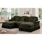 MooxvMoo Canapé d'angle en chenille 107 po de style Mid-century avec ourlet à volants amovible, canapé en U avec coussins décoratifs et 2 poufs, vert