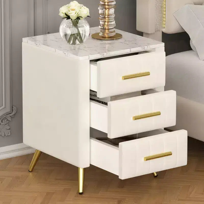 Tables de chevet modernes capitonnées avec tiroir, plateau en faux marbre et pieds en métal doré, tables d'appoint élégantes pour chambre ou canapé-Panipeachy