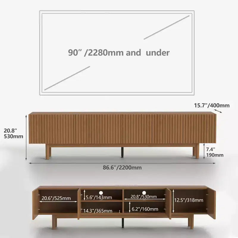 Meuble TV en bois extra long de 86,6 po pour téléviseur de 90 po, console média à lattes, centre de divertissement avec étagères amovibles, noyer Gaoyangjiaju