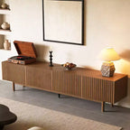 Meuble TV en bois extra long de 86,6 po pour téléviseur de 90 po, console média à lattes, centre de divertissement avec étagères amovibles, noyer Gaoyangjiaju