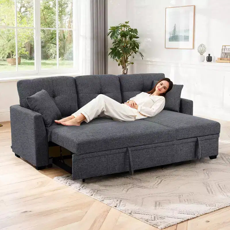 MooxvMoo 86 Canapé d'angle convertible moderne avec méridienne réversible, canapé-lit en L 3 places, canapé gigogne en tissu d'aspect lin, gris
