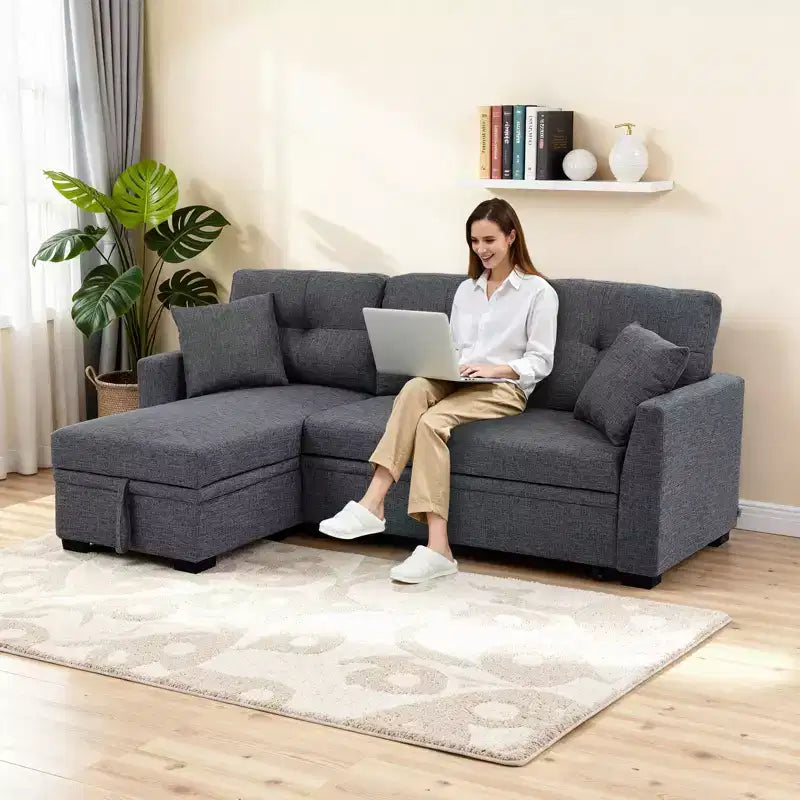 MooxvMoo 86 Canapé d'angle convertible moderne avec méridienne réversible, canapé-lit en L 3 places, canapé gigogne en tissu d'aspect lin, gris