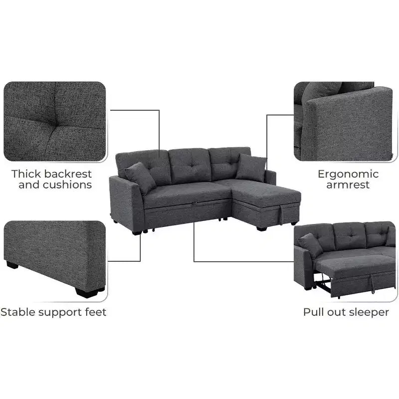 MooxvMoo 86 Canapé d'angle convertible moderne avec méridienne réversible, canapé-lit en L 3 places, canapé gigogne en tissu d'aspect lin, gris