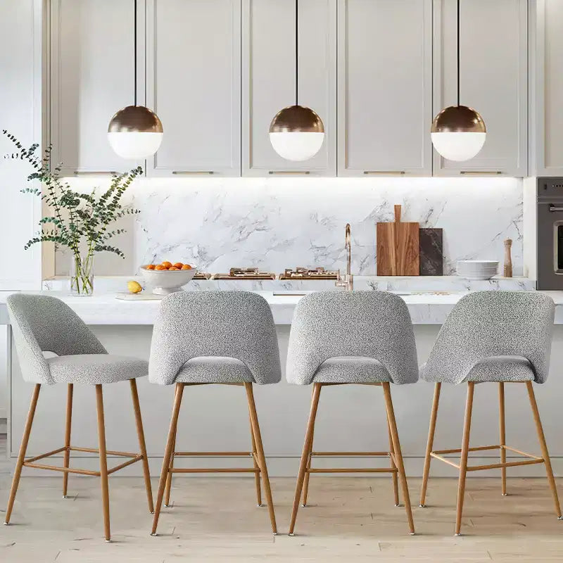 Lot de 2 tabourets de bar rembourrés en tissu bouclé de 68 cm, chaises modernes pour îlot de cuisine avec pieds en métal aspect bois - Panipeachy