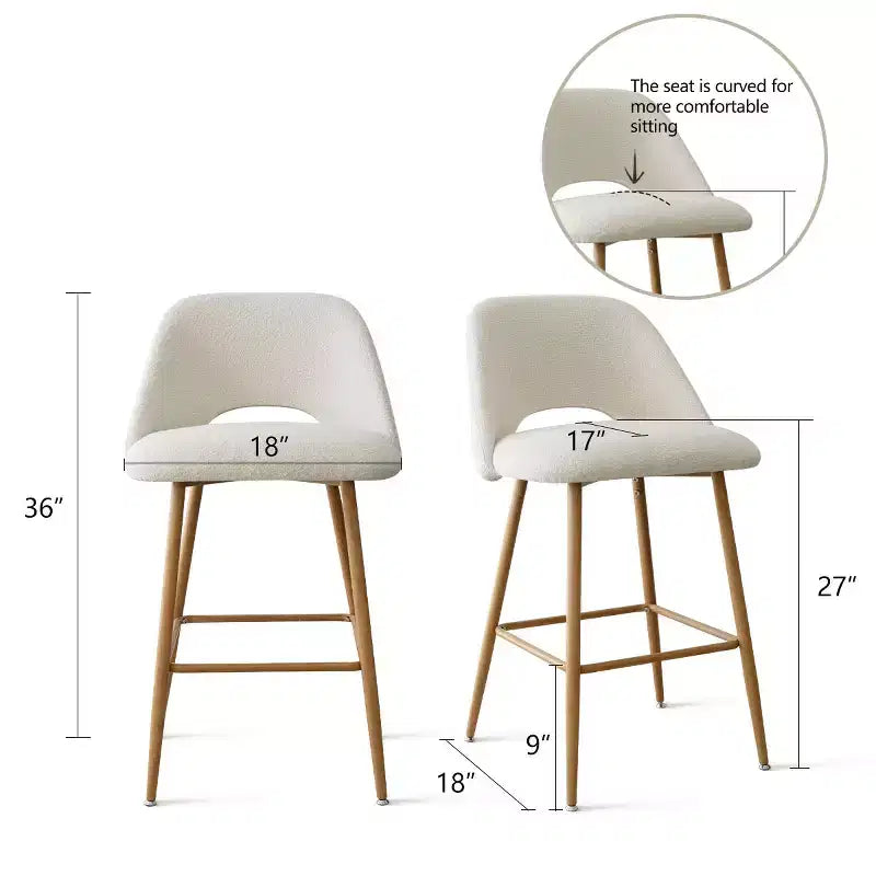 Lot de 2 tabourets de bar rembourrés en tissu bouclé de 68 cm, chaises modernes pour îlot de cuisine avec pieds en métal aspect bois - Panipeachy