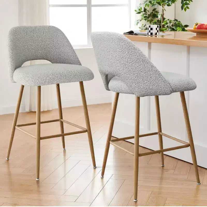 Lot de 2 tabourets de bar rembourrés en tissu bouclé de 68 cm, chaises modernes pour îlot de cuisine avec pieds en métal aspect bois - Panipeachy