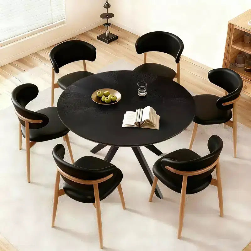 MAYEERTY Table à manger ronde en bois massif de 47 po, piétement piédestal entrecroisé noir, 4 à 6 places pour cuisine et salle à manger