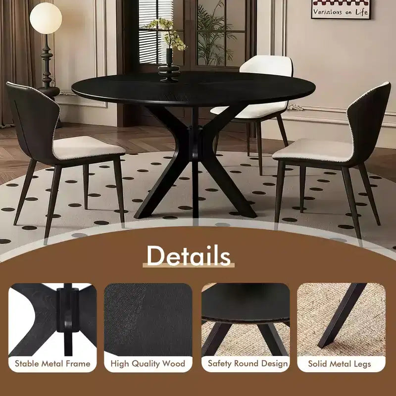 MAYEERTY Table à manger ronde en bois massif de 47 po, piétement piédestal entrecroisé noir, 4 à 6 places pour cuisine et salle à manger