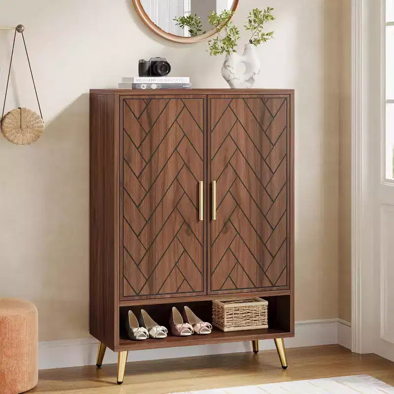 Lantine 6-Tier Entryway Shoe Cabinet with Doors for 24 Pairs, Wooden Storage with Adjustable Shelves and Gold Legs for Living Room, Bedroom, Walnut