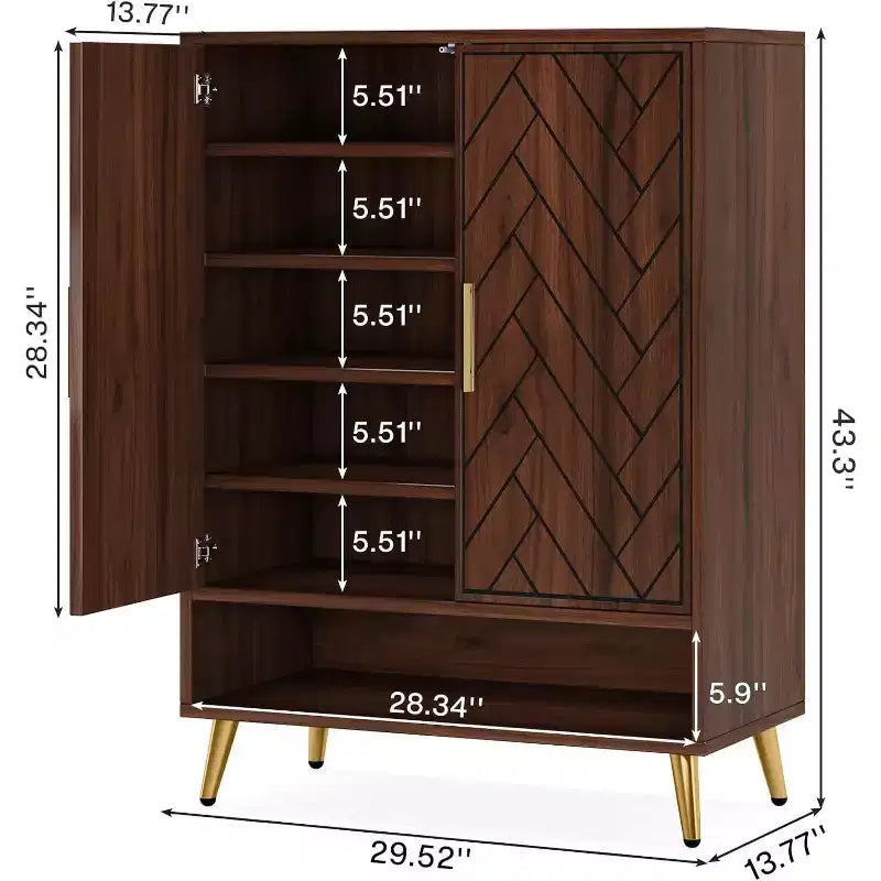 Meuble à chaussures Lantine à 6 niveaux avec portes pour 24 paires, rangement en bois avec étagères réglables et pieds dorés pour salon, chambre, noyer