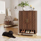 Meuble à chaussures Lantine à 6 niveaux avec portes pour 24 paires, rangement en bois avec étagères réglables et pieds dorés pour salon, chambre, noyer