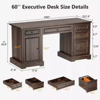 Dyonery 60 Bureau de Direction de Ferme pour Bureau à Domicile - Bureau d'Écriture en Bois avec Tiroirs, Rangement d'Armoire, Bureau Rustique pour le Travail et l'Étude