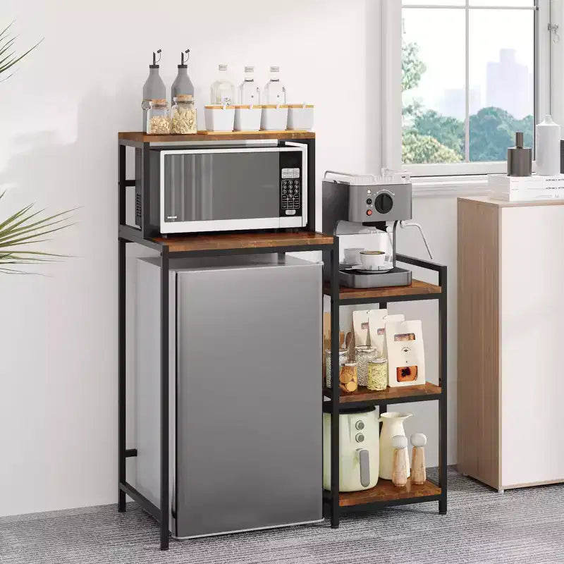 Support de mini-réfrigérateur avec étagère de rangement, étagère à micro-ondes à 5 niveaux et organiseur de bar à café avec étagères réglables pour dortoir, appartement, bureau
