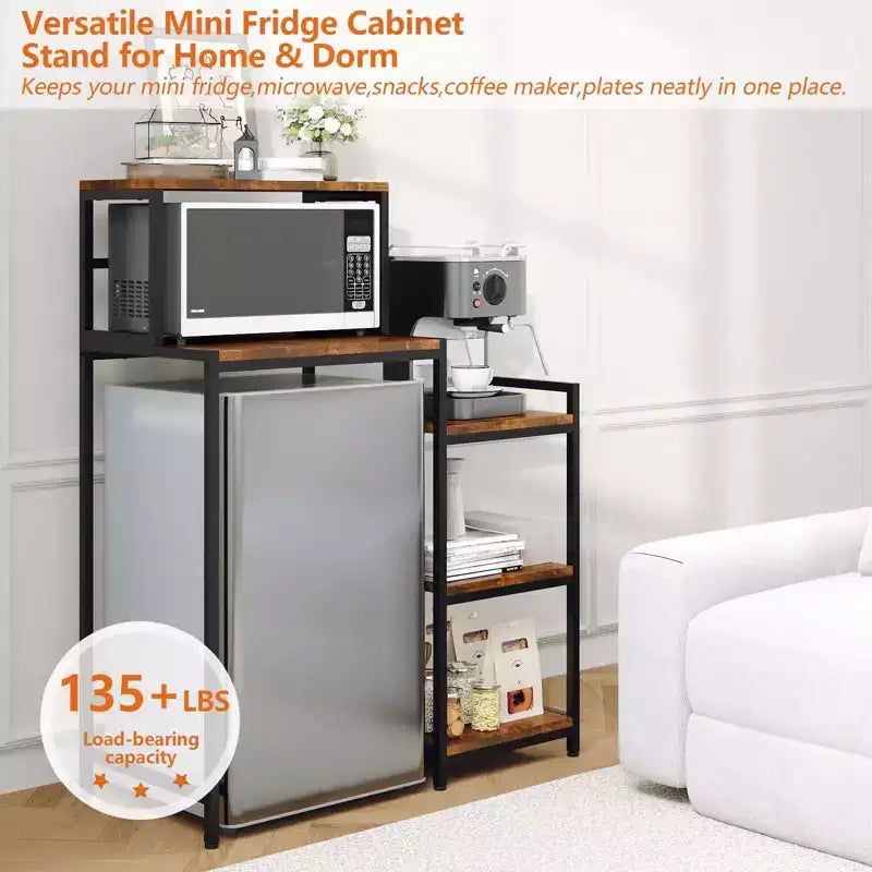 Support de mini-réfrigérateur avec étagère de rangement, étagère à micro-ondes à 5 niveaux et organiseur de bar à café avec étagères réglables pour dortoir, appartement, bureau